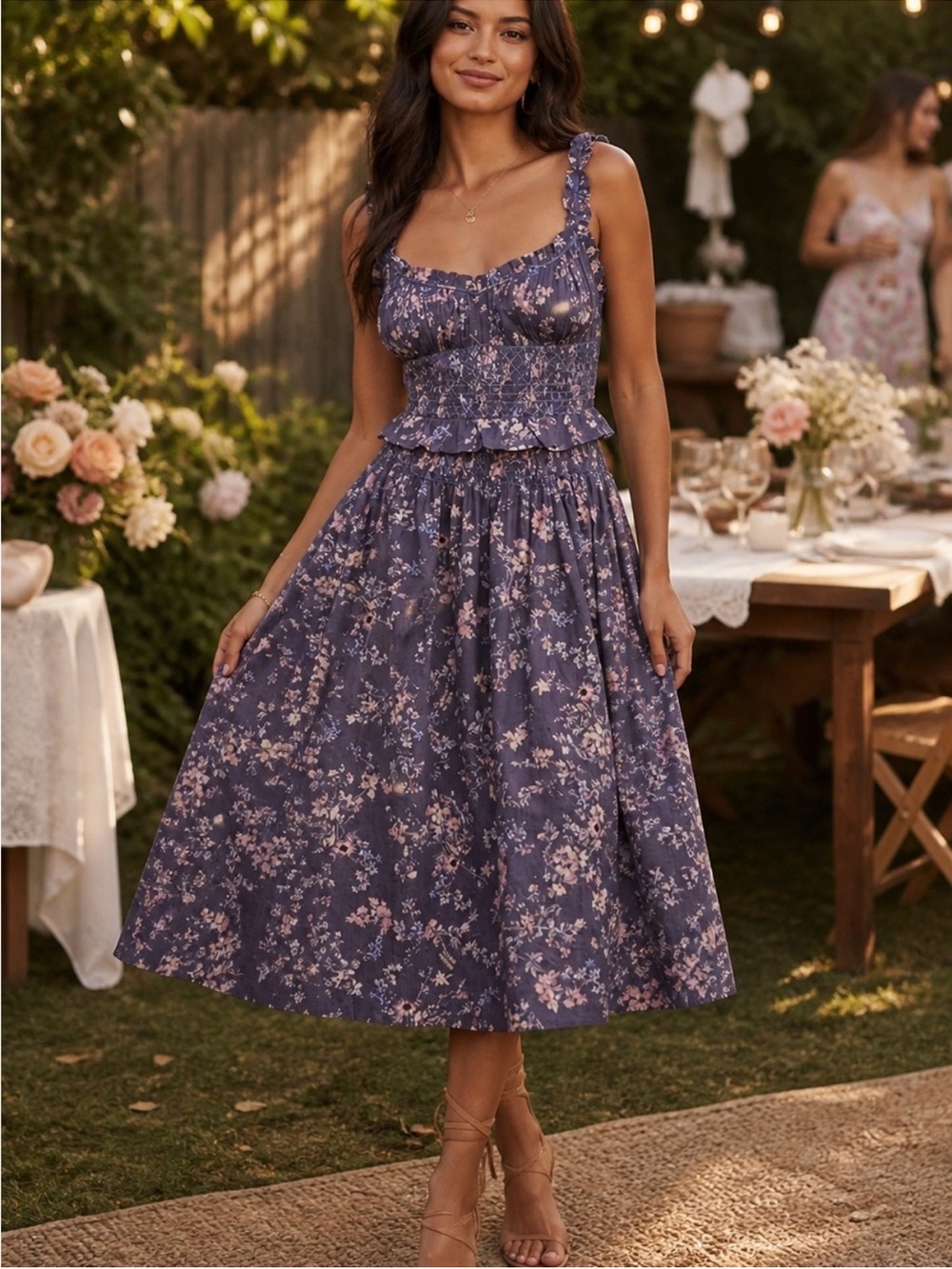 Anthropologie Purple Floral Smocked Dress Ruffled Cottagecore Size Small
